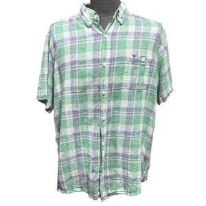 Weatherproof Linen Blend Green Plaid Mens Button Down Shirt Size XL Vacation